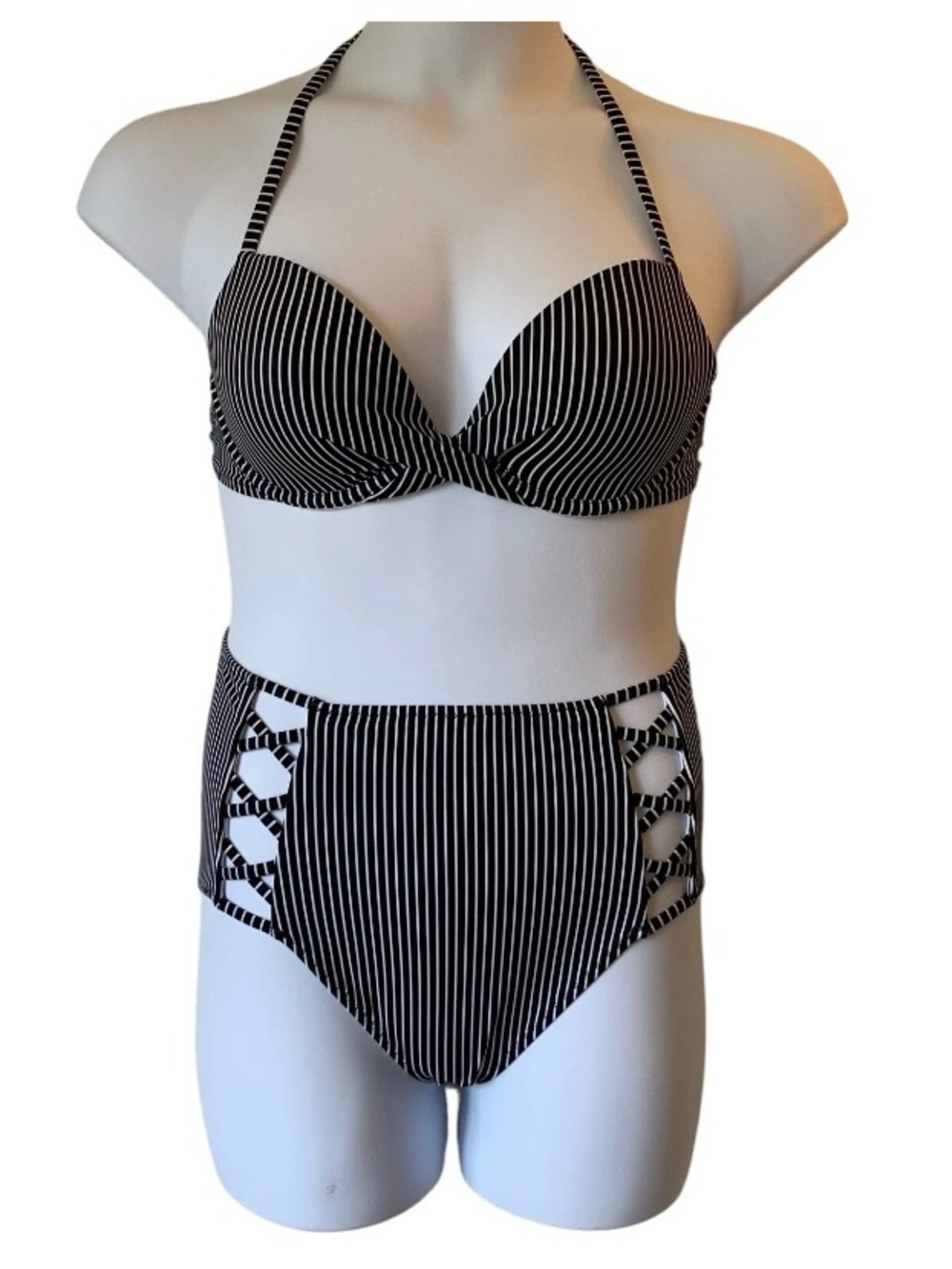 2pc Shade & Shore Black & White Stripe Halter Bikini Swim Bathing Suit 34C M